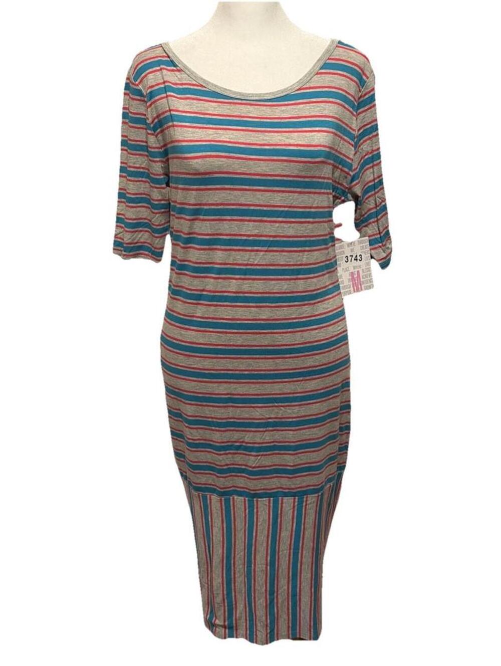 New LuLaRoe Pink & Blue Striped Bodycon Julia Half Sleeve Dress Size M (8-10)